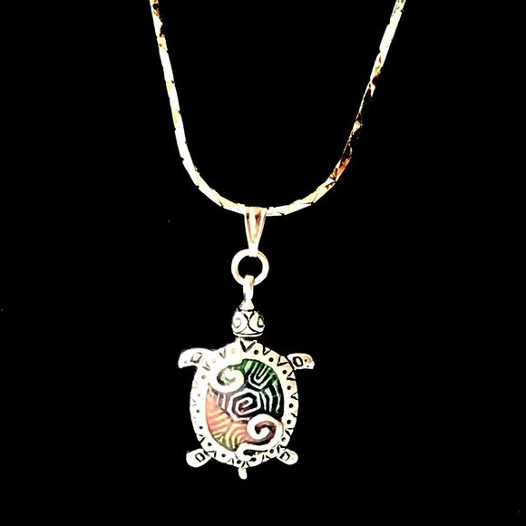 Silver Sea Turtle Pendant Necklace Colorful Enamel Plated 19" Nautical Island - Picture 4 of 14